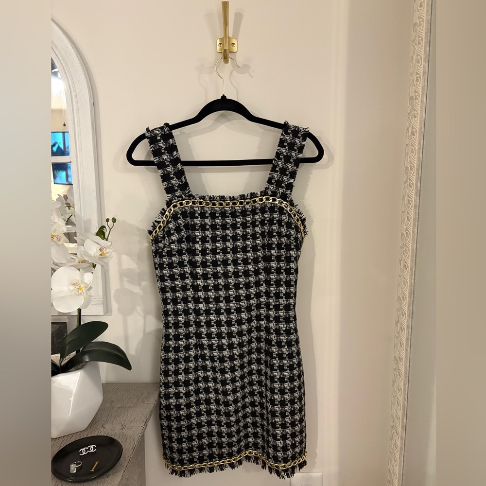 Tweed Chic Black and White mini-Dress with Gold Accent chain NEW W/TAGS